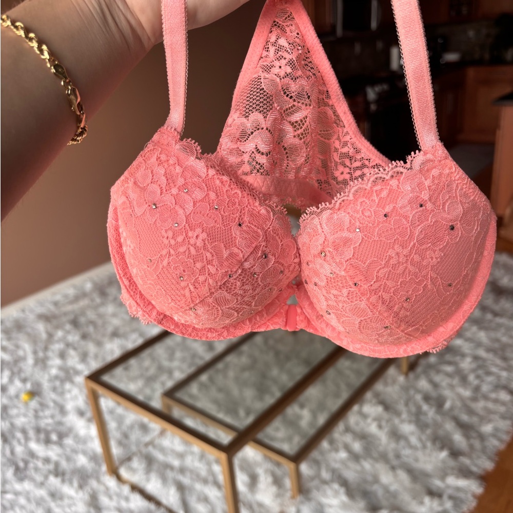 Victoria's Secret Coral Lace Push-Up Bra with Rhinestones